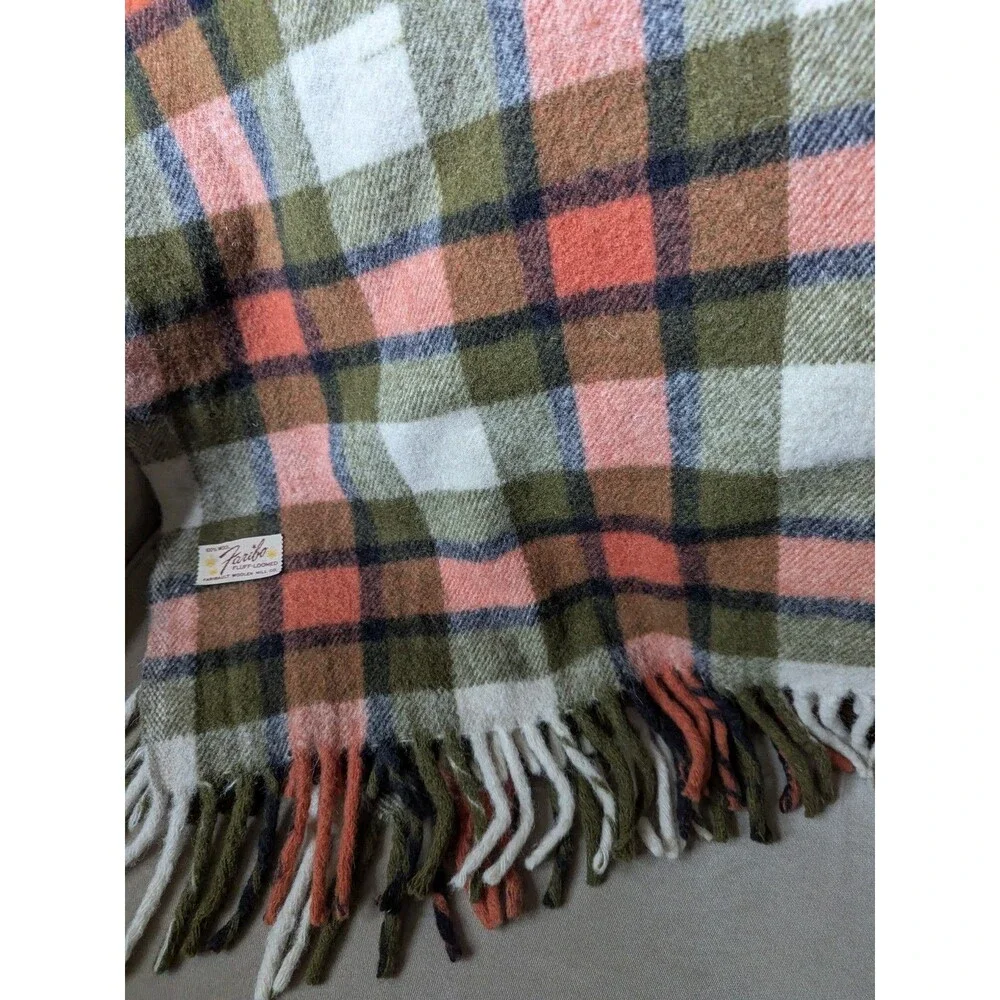 Vintage Faribo Fluff Loomed Wool Throw Blanket Orange Olive Green Plaid Fringe